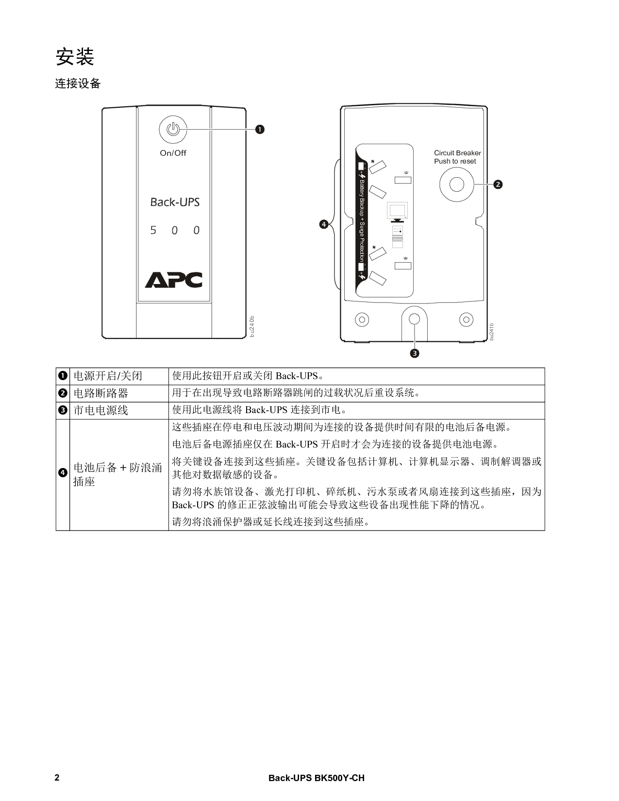 APC Back-UPS BK500Y-CH 安装使用手册 第1页