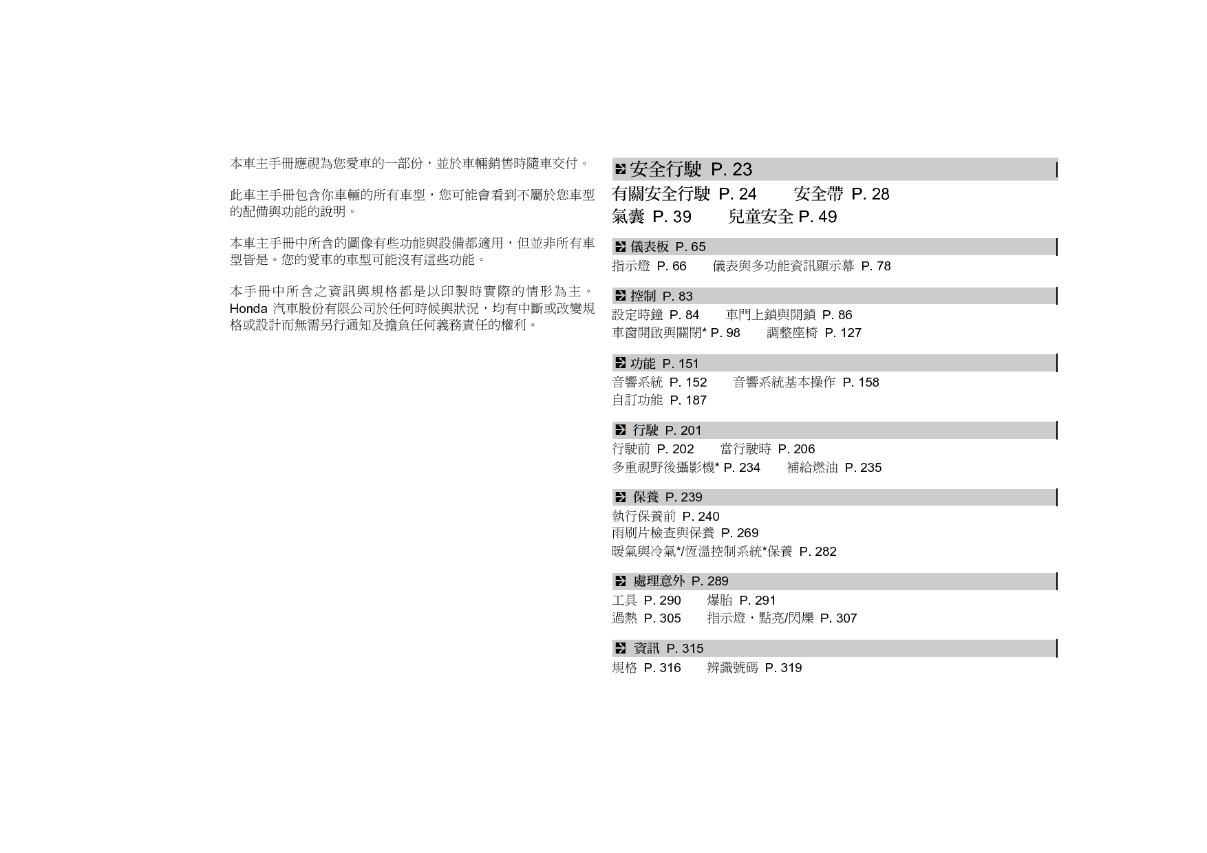 本田 Honda ACCORD 雅阁 2015 繁体 用户手册 第2页
