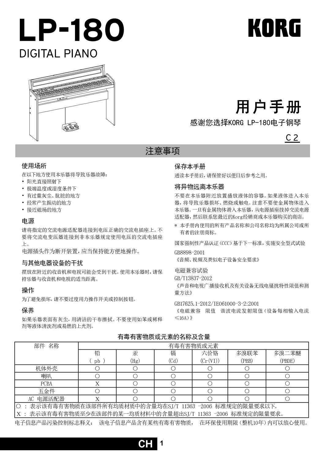 KORG LP-180 用户手册 封面