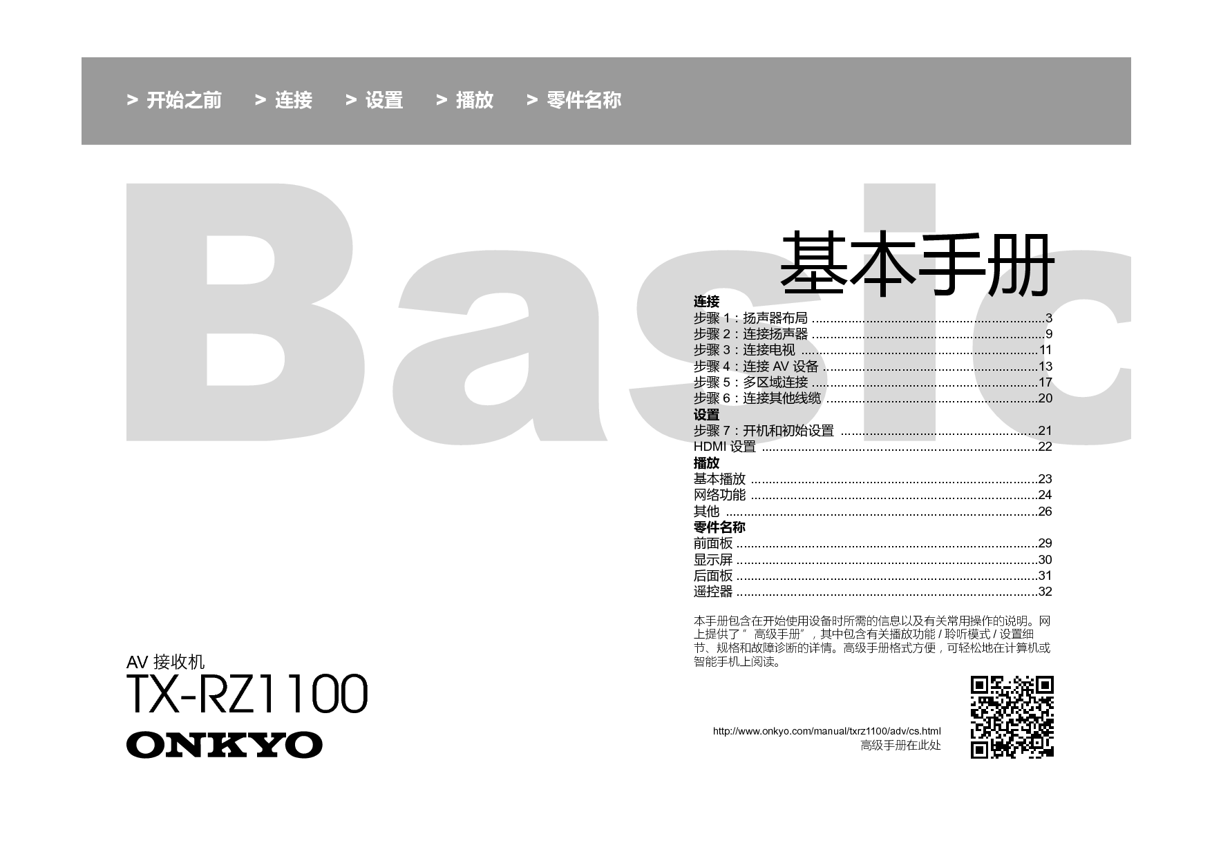 安桥 Onkyo TX-RZ1100 基础使用手册 封面