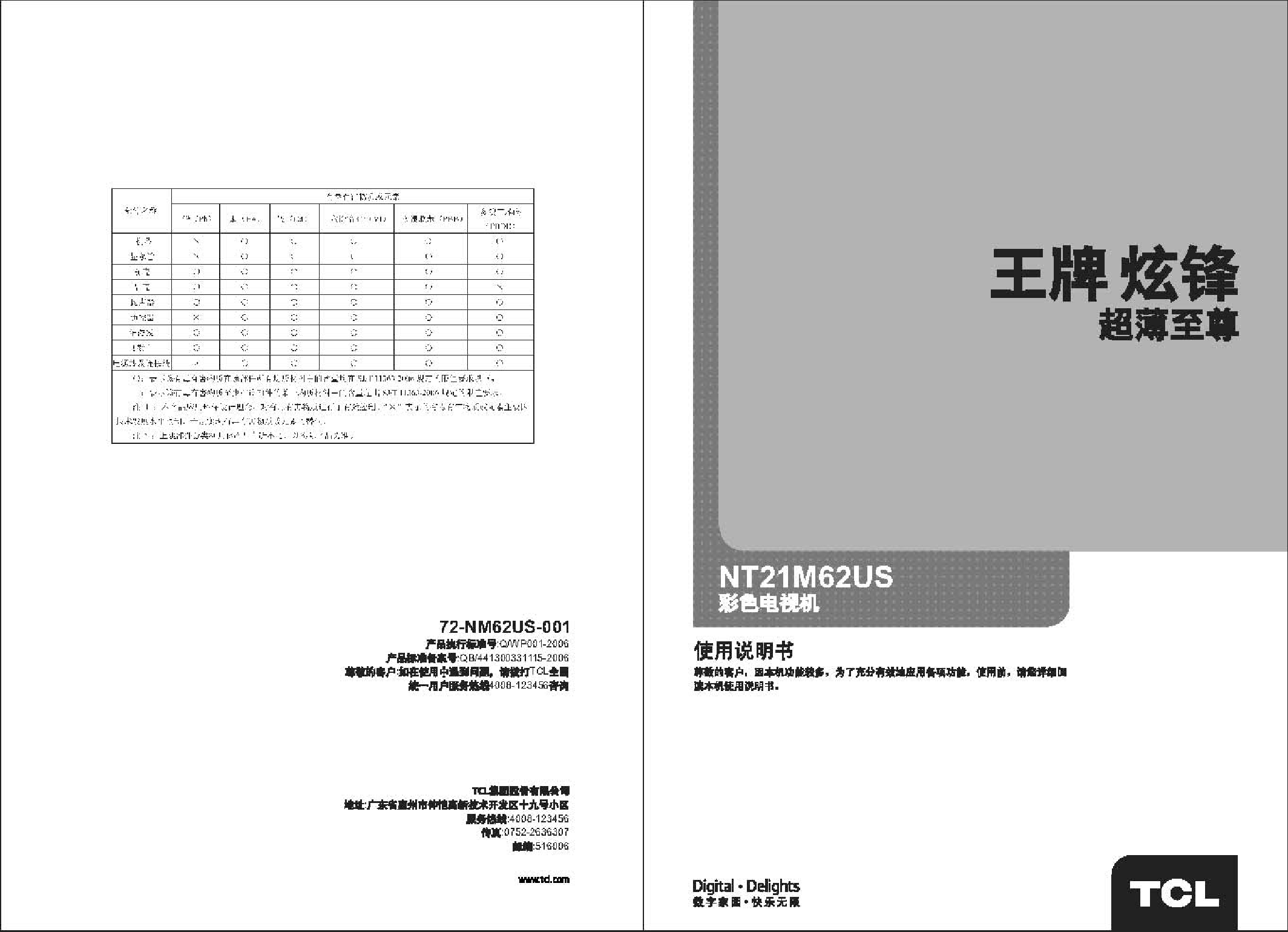 TCL NT21M62US 使用说明书 封面