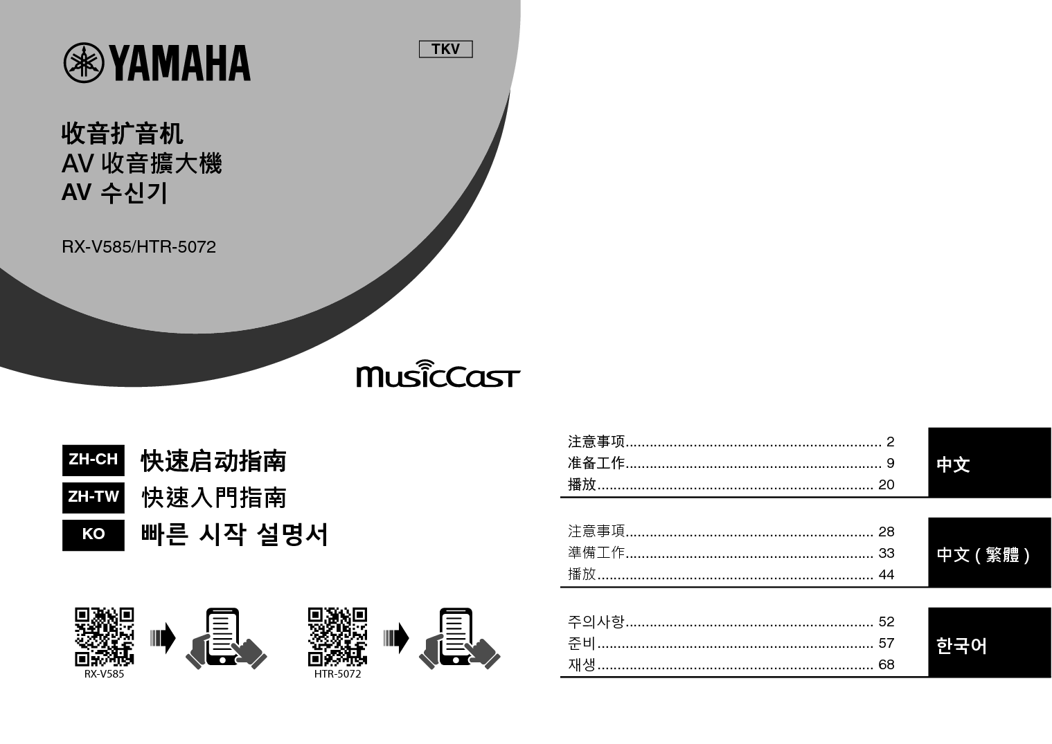 雅马哈 Yamaha HTR-5072, RX-V585 快速入门指南 封面